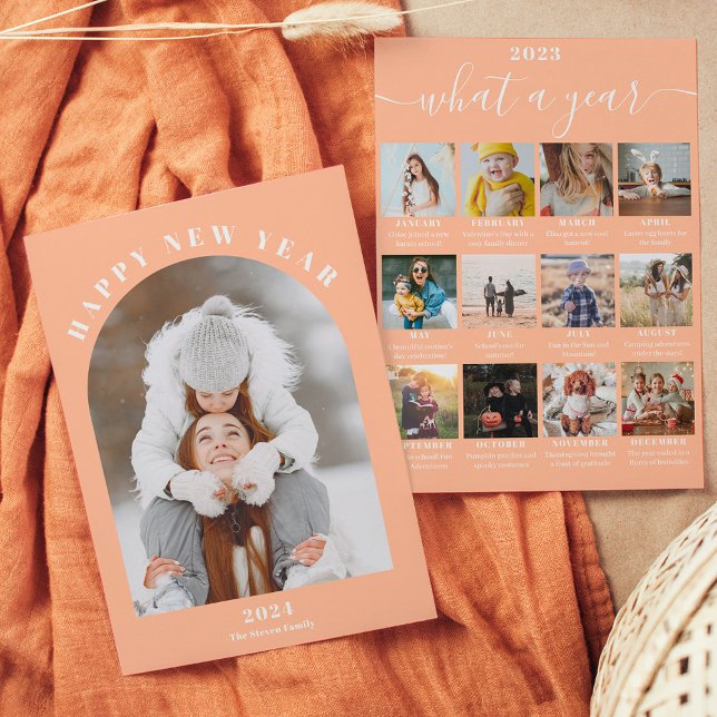 Cartão De Festividades Feliz ano novo de março em revisão 13 fotos em pês (Happy New Year arch year in review 13 photos peach Holiday Card)