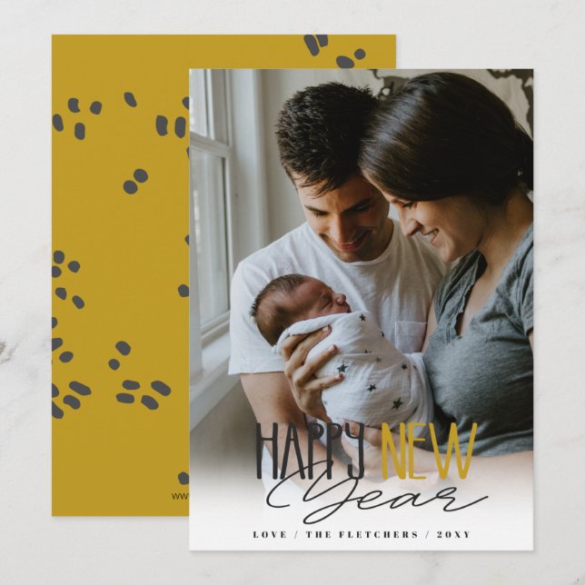 Cartão De Festividades Feliz ano novo de Script de Assinatura Simples (Frente/Verso)