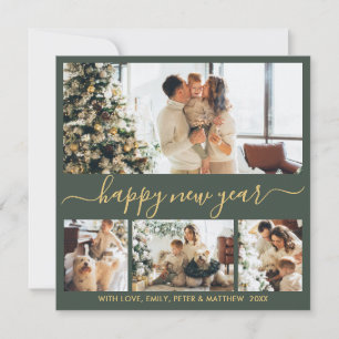 Cartão De Festividades Feliz Ano Novo Dourado Script 4 Colagem de Fotos V