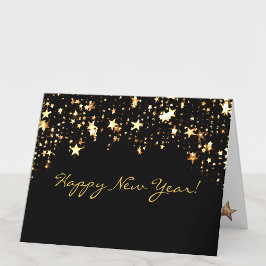 Cartão De Festividades Feliz ano novo Elegante de Estrelas Pretas e Doura