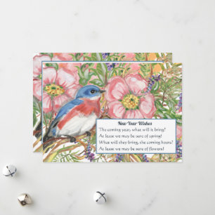 Cartão De Festividades feliz ano novo Floral Watercolor Blue Bird Poem