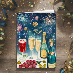 Cartão De Festividades FELIZ ANO NOVO Fogos de Artifício Bubbly Aquarela