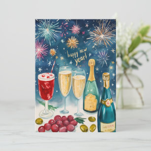 Cartão De Festividades FELIZ ANO NOVO Fogos de Artifício Bubbly Aquarela