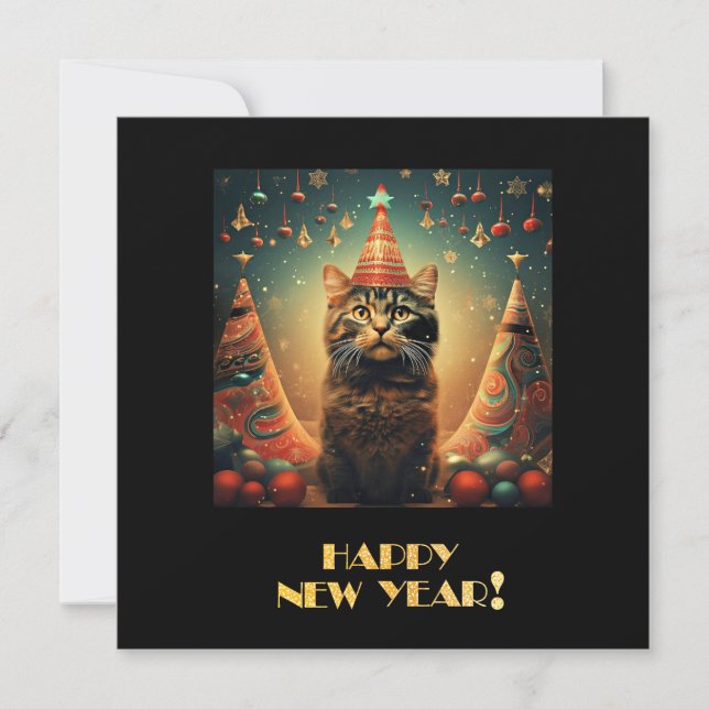 Cartão De Festividades Feliz Ano Novo Gato (Frente)