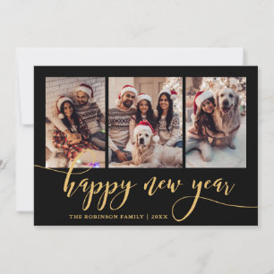 Cartão De Festividades Feliz Ano Novo Gold Script 3 Colagem de Fotos Pret
