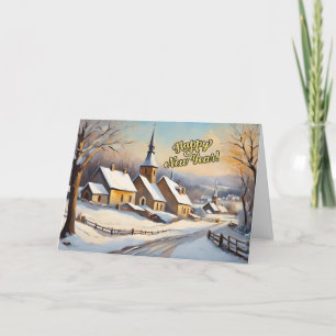 Cartão De Festividades Feliz Ano Novo Igreja de Inverno Vintage 