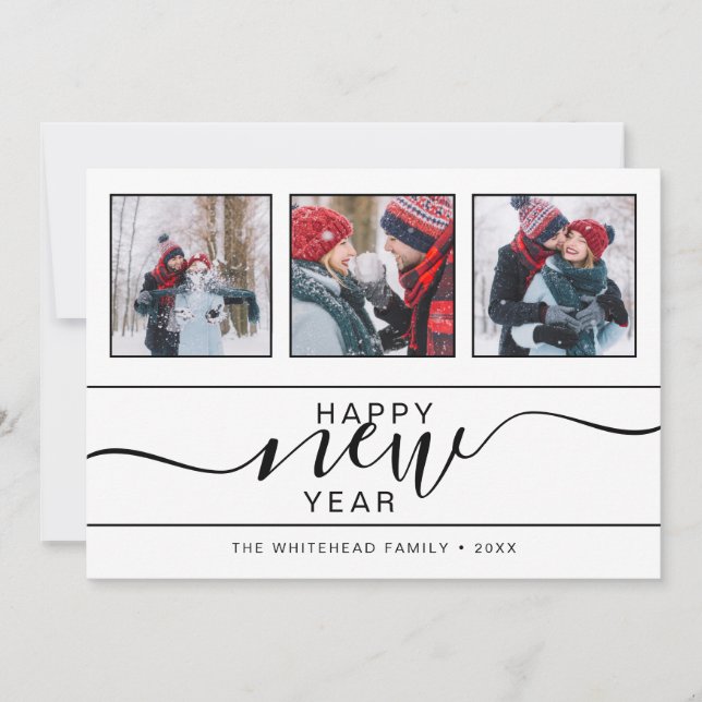 Cartão De Festividades Feliz ano novo Modern 3 Fotografia - Letra Mão (Frente)