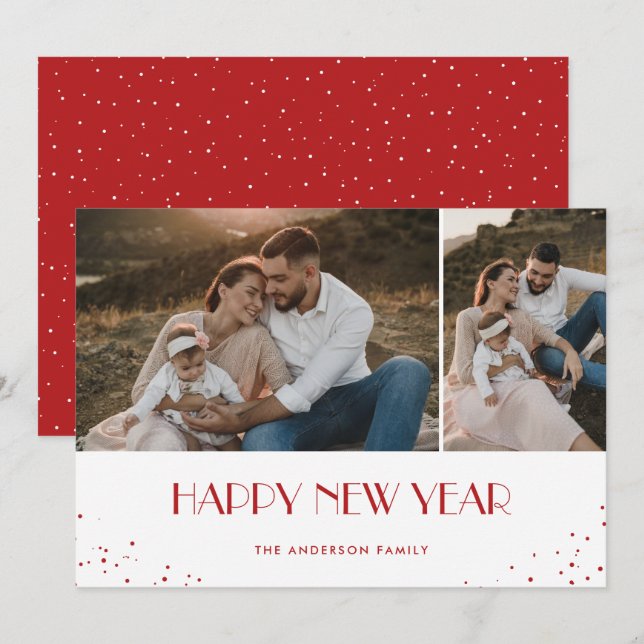 Cartão De Festividades Feliz ano novo Modern Red Snowy 2 Foto (Frente/Verso)