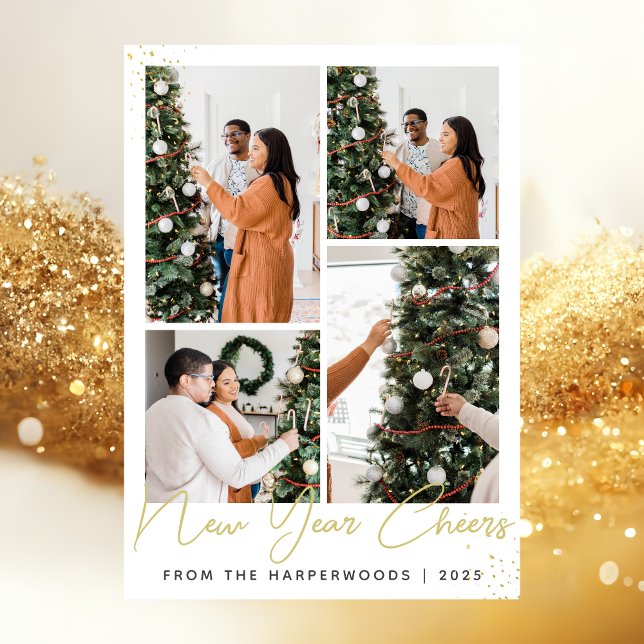 Cartão De Festividades Feliz ano novo Moderno Elegante Simples Quatro Fot (Criador carregado)