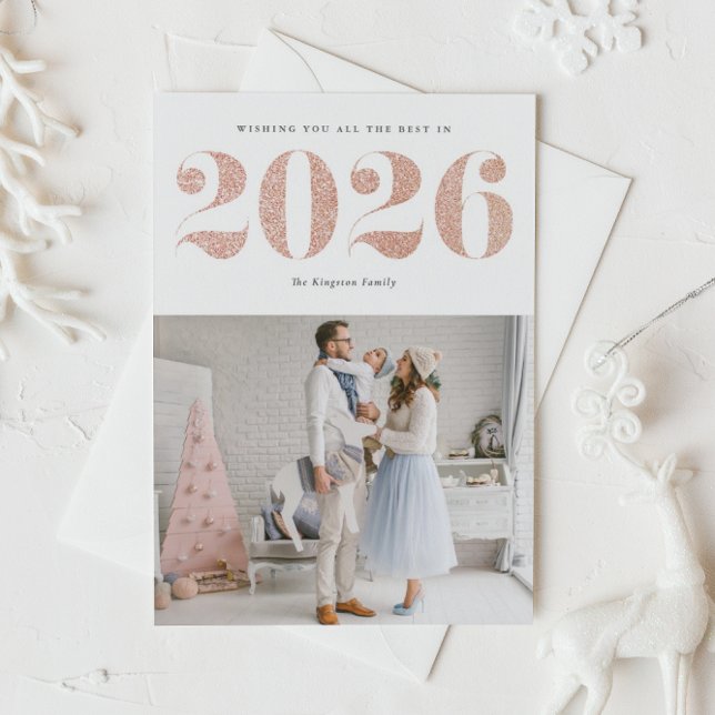 Cartão De Festividades feliz ano novo Moderno Glitter Dourado Rosa de 202 (Ring in 2026 with this sparkly Happy New Year photo card featuring faux rose gold glitter.)