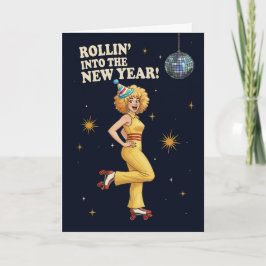 Cartão De Festividades Feliz Ano Novo Mulher de Patins de Rolo Retro Disc