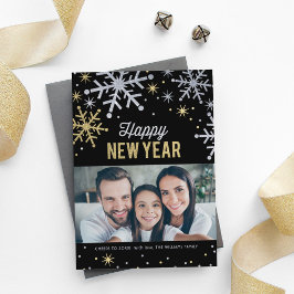 Cartão De Festividades Feliz Ano Novo Ouro Preto Floco de Neve Prata Foto
