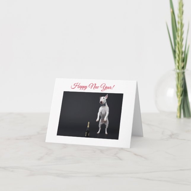 Cartão De Festividades Feliz ano novo Pulando Touro Terrier com Champanhe (Frente)