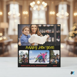 Cartão De Festividades Feliz Ano Novo Script Preto Amarelo 4 Colagem de F