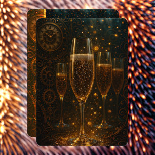 Cartão De Festividades Feliz Ano Novo Steampunk Champagne Glamouroso 