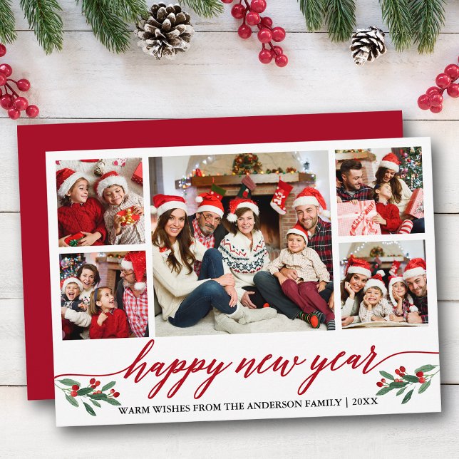 Cartão De Festividades Feliz ano novo Vermelho de Fotografia 5 Moderna Ca (Customize to add text to back of card.)