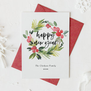 Cartão De Festividades Feliz ano novo Watercolor Holly Wreath 2025