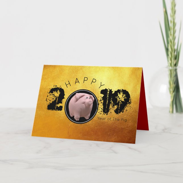 Cartão De Festividades Feliz Ano PIg 2019 ouro 3D Original Saudação 2 (Frente)