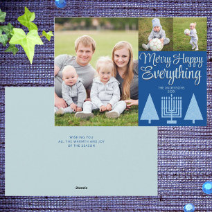 Cartão De Festividades Feliz Azul, Árvore Interconfessional Menorah Cute