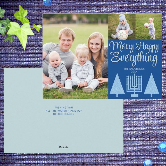 Cartão De Festividades Feliz Azul, Árvore Interconfessional Menorah Cute  (Cute Merry Happy Everything holiday cards with Christmas trees and Hanukkah menorahs)