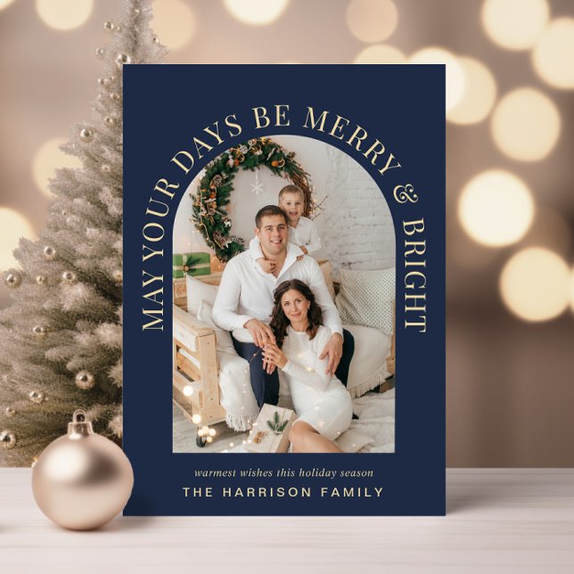 Cartão De Festividades Feliz azul brilhante de fotografia em arco elegant (Share the love and warmth of the season with an elegant arch photo Christmas card)