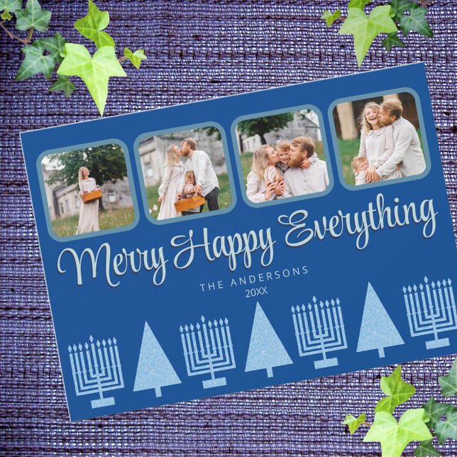 Cartão De Festividades Feliz Azul - Interfé - Árvore de Menorah - Fóco 4  (Add your photos to these fun Merry Happy Everything cards, perfect for interfaith couples)