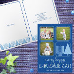 Cartão De Festividades Feliz Azul, Interfé, Escrita Manuscrita 3 Foto<br><div class="desc">Cartões de cartões de natal Feliz Chrismukkah, Feliz personalizada, com as suas fotos, são uma maneira fofa de espalhar alegria durante as férias. Criado às famílias inter-religiosas em mente, este design único inclui fontes casuais divertidas e escritas à mão em azul pálido sobre um rico fundo azul real, três das...</div>