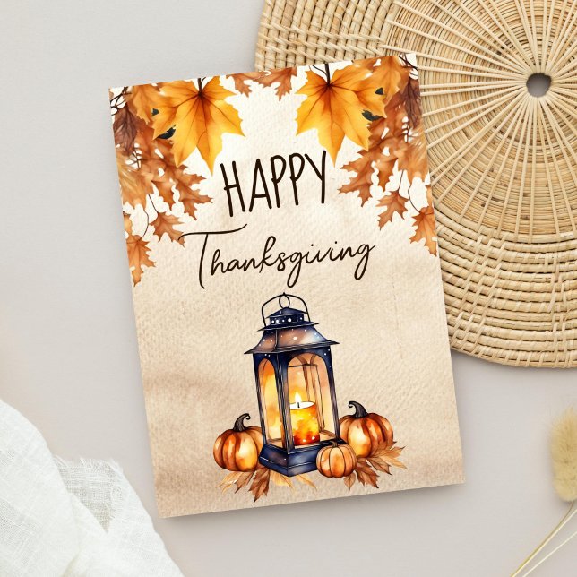 Cartão De Festividades Feliz Boho Rustic Lanterna Branca de Ação de Graça (Happy Thanksgiving greeting card editable template instant digital download rustic watercolor )