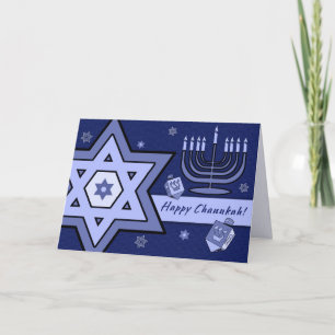 Cartão De Festividades Feliz Chanukah. Estrela de David, Menorah, Dreidel
