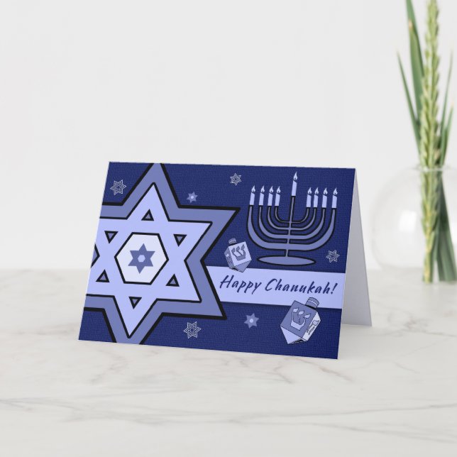 Cartão De Festividades Feliz Chanukah. Estrela de David, Menorah, Dreidel (Frente)
