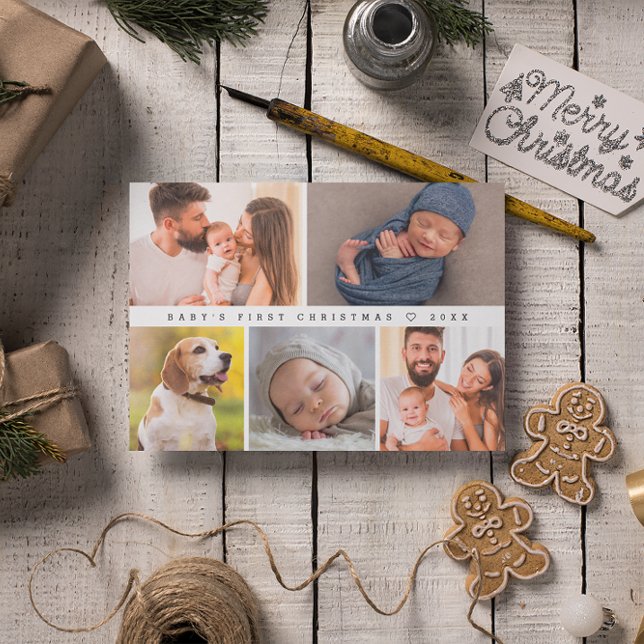 Cartão De Festividades Feliz Colagem de Fotos Moderna de Natal do Bebê (Baby's first Christmas, newborn photography custom family holiday card.)