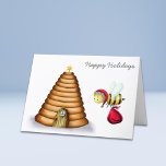 Cartão De Festividades Feliz colmeia de Papais noeis de férias<br><div class="desc">Cartão de férias único com uma abelha de Papai Noel indo para uma colmeia para deixar os presentes. O sentimento é "Feriados Felizes",  mas pode ser personalizado. Excelente para um toque extra no seu negócio de mel! Ilustrada e projetada por Patricia Alvarez.</div>