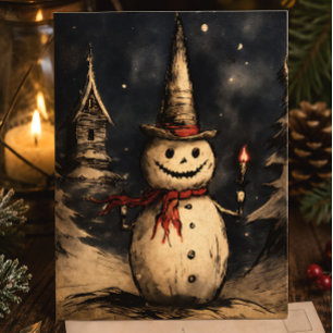 Cartão De Festividades Feliz Creepmas Boneco de Neve Sinistro Vintage Gót