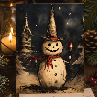 Cartão De Festividades Feliz Creepmas Boneco de Neve Sinistro Vintage Gót