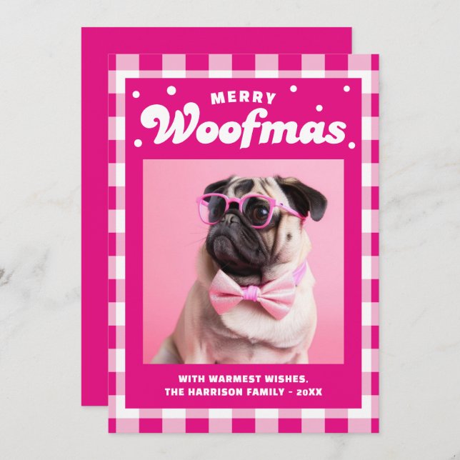 Cartão De Festividades Feliz de padrões Gingham Cute Woofmas (Frente/Verso)