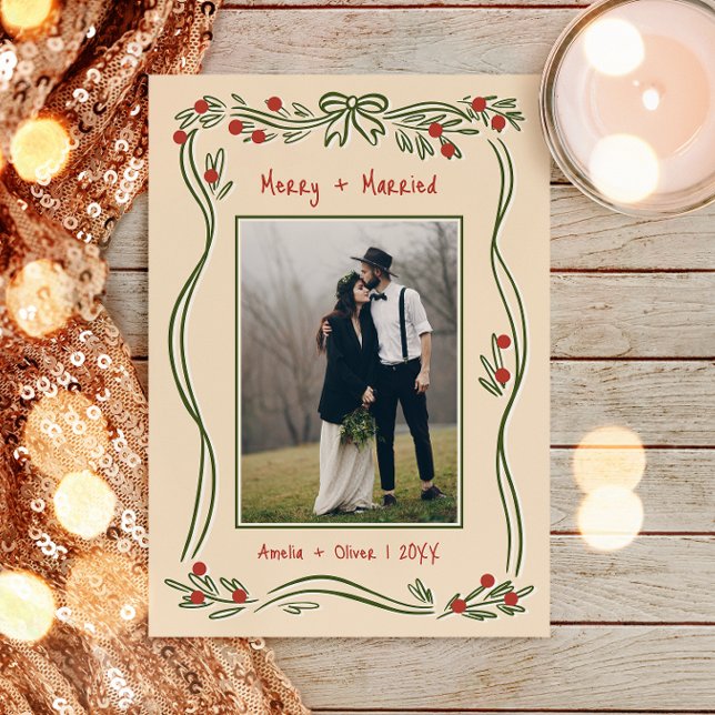 Cartão De Festividades Feliz Desenhada À Mão E Casada Com Duas Fotografia (Criador carregado)