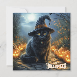 Cartão De Festividades Feliz Dia das Bruxas Gato Preto com Abóboras 