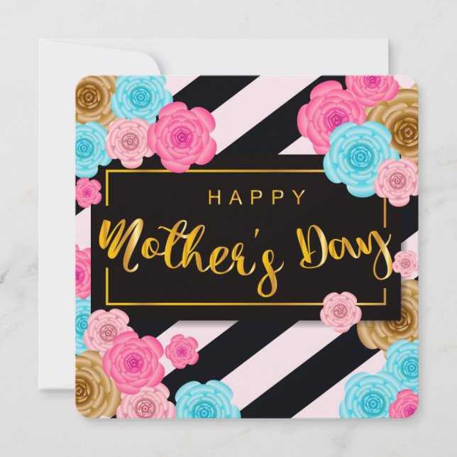 Cartão De Festividades Feliz Dia das Mães Flores e Listras  (Frente)