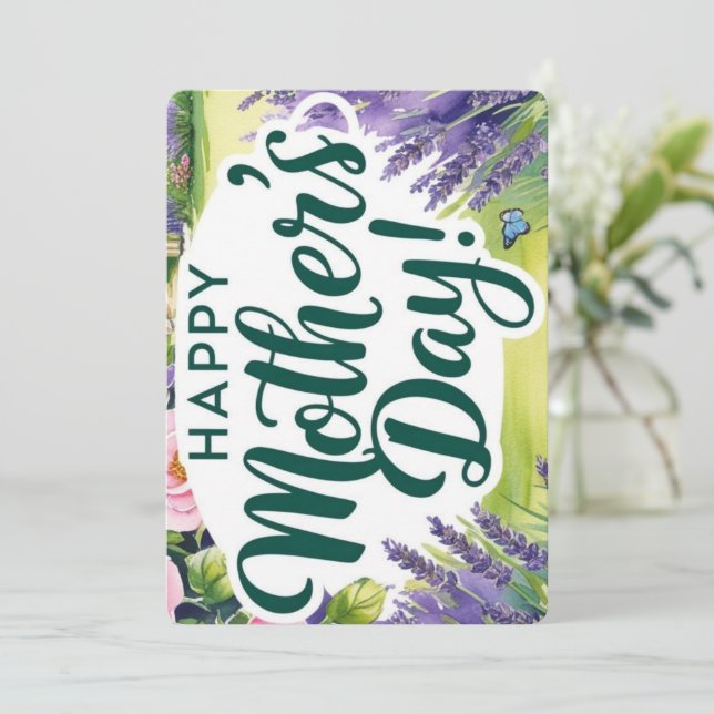 Cartão De Festividades Feliz Dia das Mães Rosa Jardim Borboletas Verde  (Em pé/Frente)