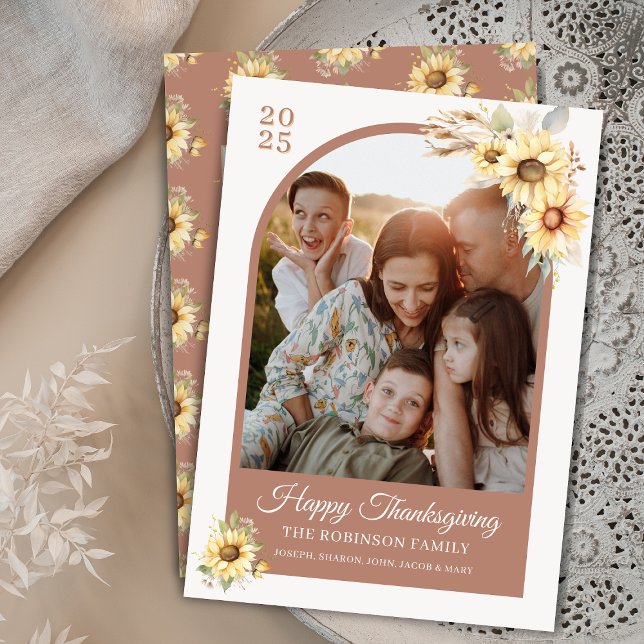 Cartão De Festividades Feliz Dia de Ação de Graças do outono Elegante (Elegant dusty rose and gold personalized watercolor sunflowers arch photo Happy Thanksgiving cards)