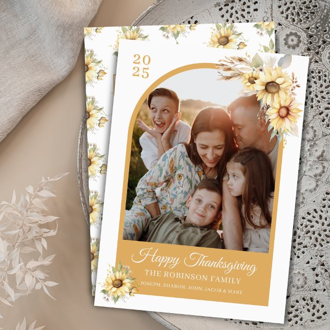 Cartão De Festividades Feliz Dia de Ação de Graças do Outono Elegante (Elegant gold sunflowers watercolor floral personalized Happy Thanksgiving card with arch photo notes)