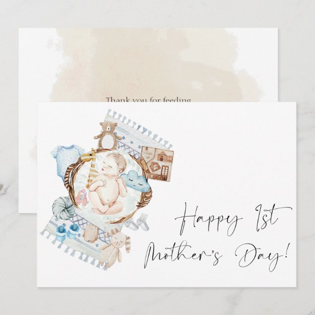 Cartão De Festividades Feliz Dia de as mães Floral Blue Boy (Frente/Verso)