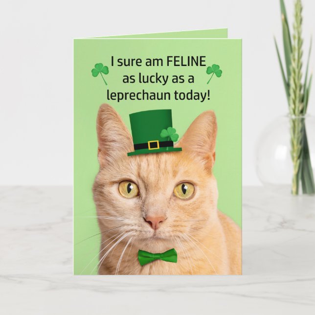 Cartão De Festividades Feliz Dia de São Patrício Amigo Gato Fofo Leprecha (Frente)