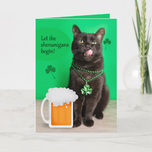 Cartão De Festividades Feliz Dia de São Patrício Gato Engraçado Com Cerve