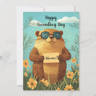 Cartão De Festividades Feliz Dia do Groundhog Cute Watercolor Woodchuck