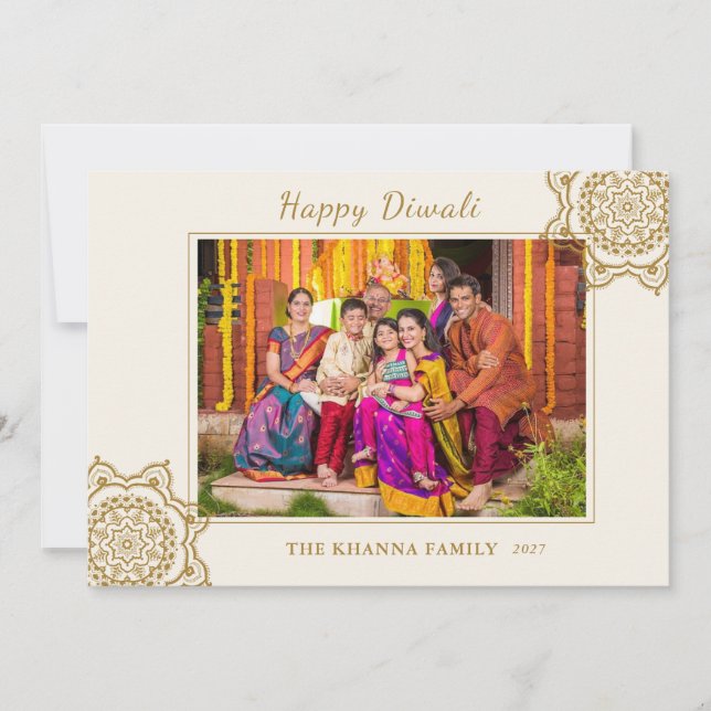 Cartão De Festividades Feliz Diwali Foto Vermelha Dourada Mandala Saudaçã (Frente)