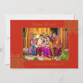 Cartão De Festividades Feliz Diwali Foto Vermelha Dourada Mandala Saudaçã