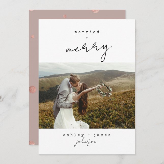 Cartão De Festividades Feliz Dourada e Foto de Natal casada (Frente/Verso)