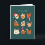 Cartão De Festividades Feliz e Brilhante Gatos de Natal Verde<br><div class="desc">Cartão de saudação de Natal bonito com ilustração desenhada manualmente de vários gatos vestindo fantasias de férias. O texto diz "meowy   bright".</div>