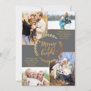 Cartão De Festividades Feliz e Brilho 4 Cinza de Colagem de Fotos Dourado